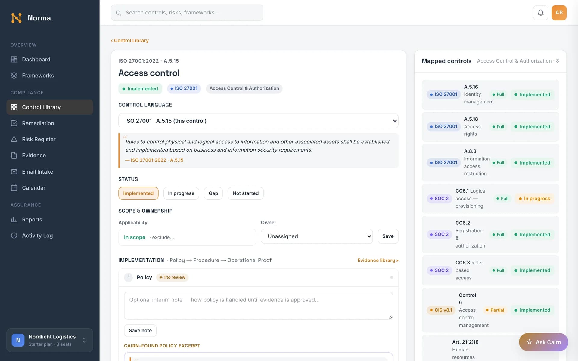 Control detail page with mapped controls and an AI-found excerpt awaiting verification