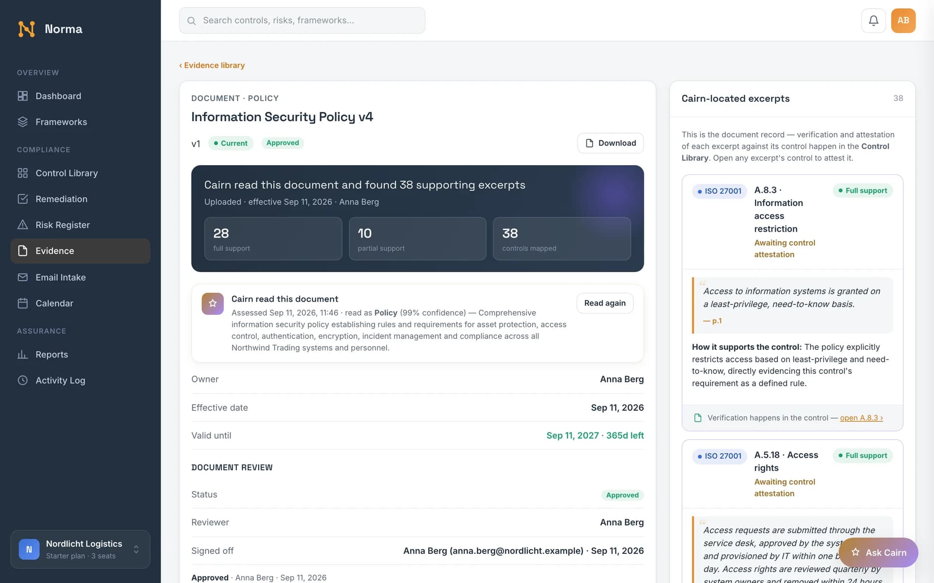 Document page showing the AI reading, review state and located excerpts