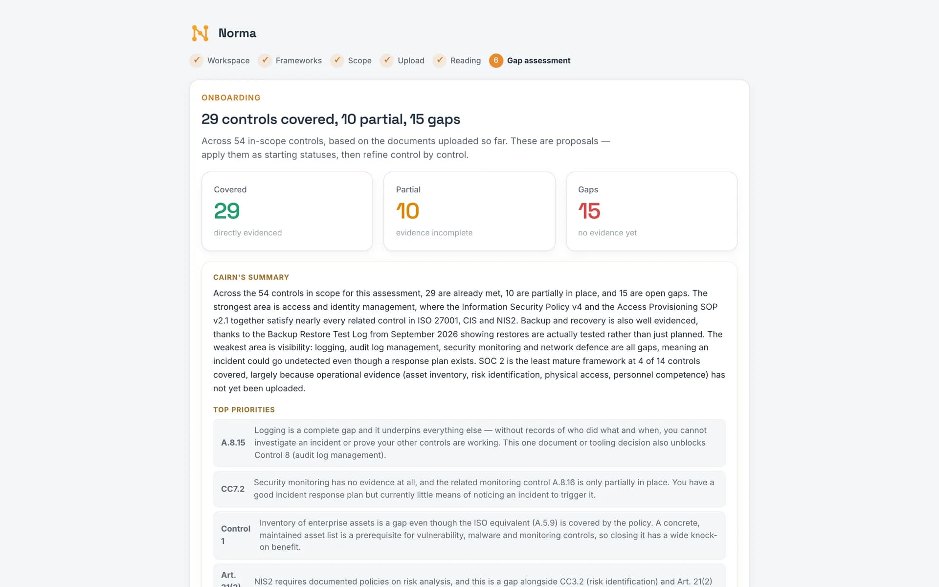 Gap assessment summary with Norma's narrative and proposed statuses