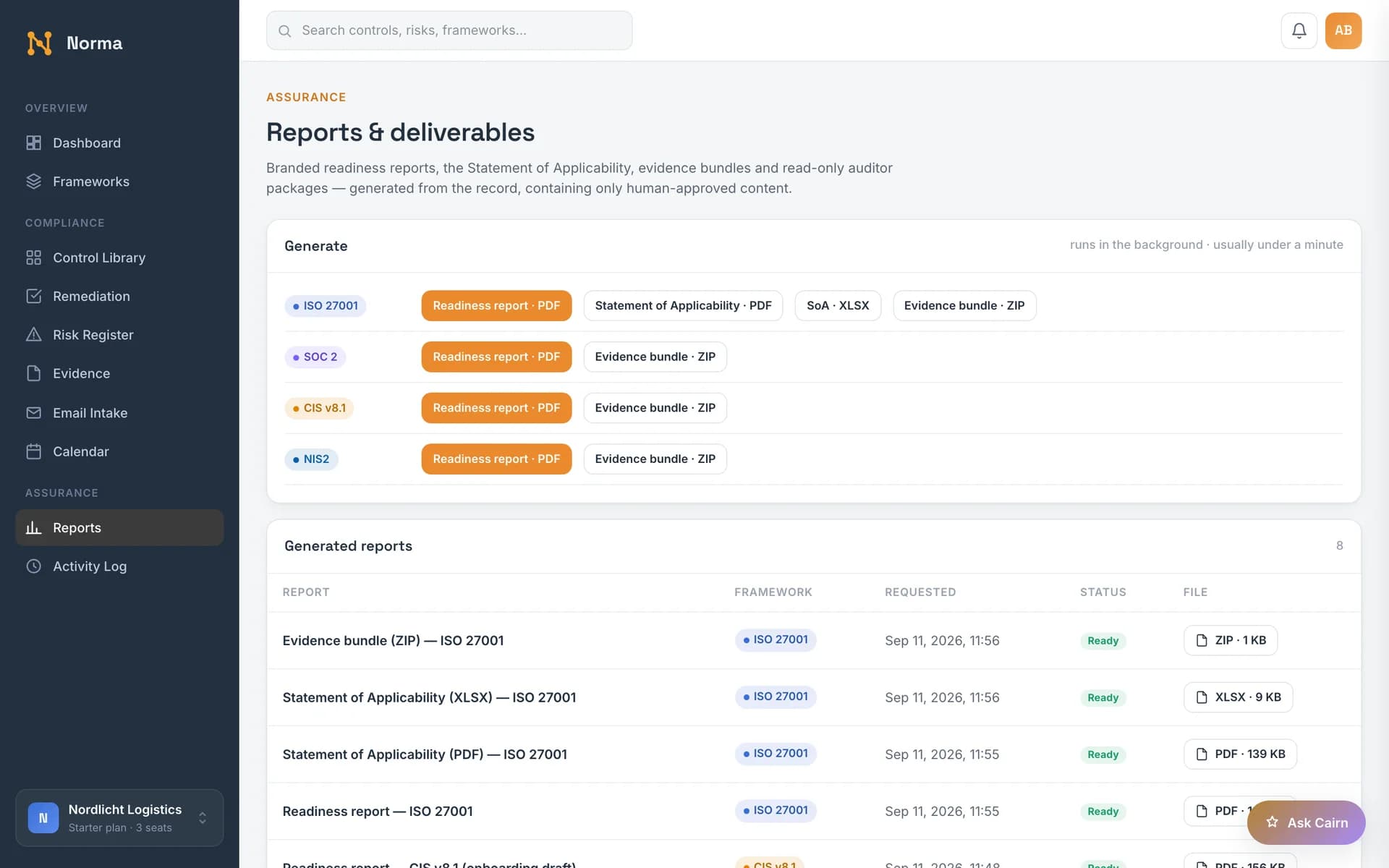 Reports page with generated deliverables and the auditor package form